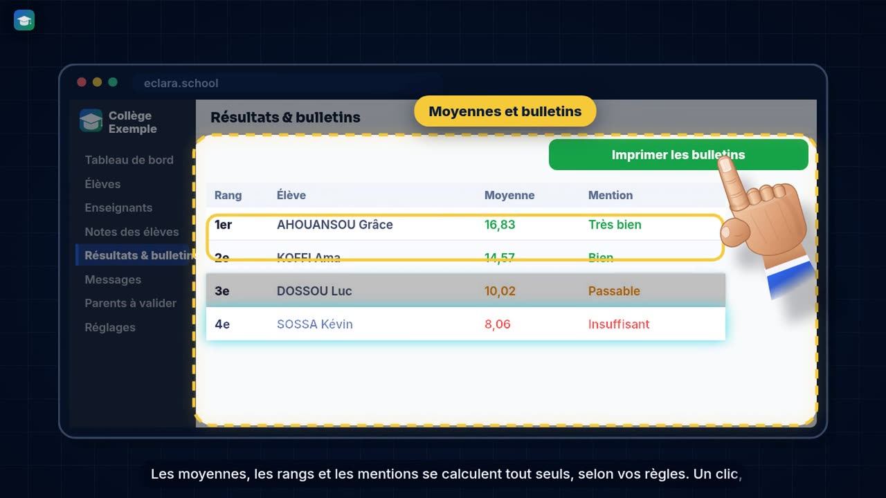 Résultats et bulletins dans l'espace Administration